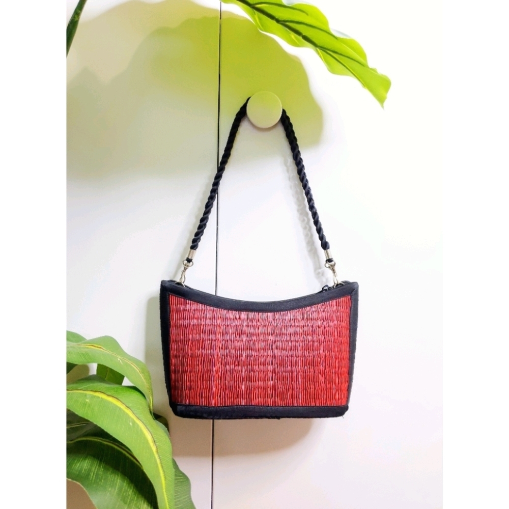 Unique red straw boat purse satin Cambodia Kim Ang